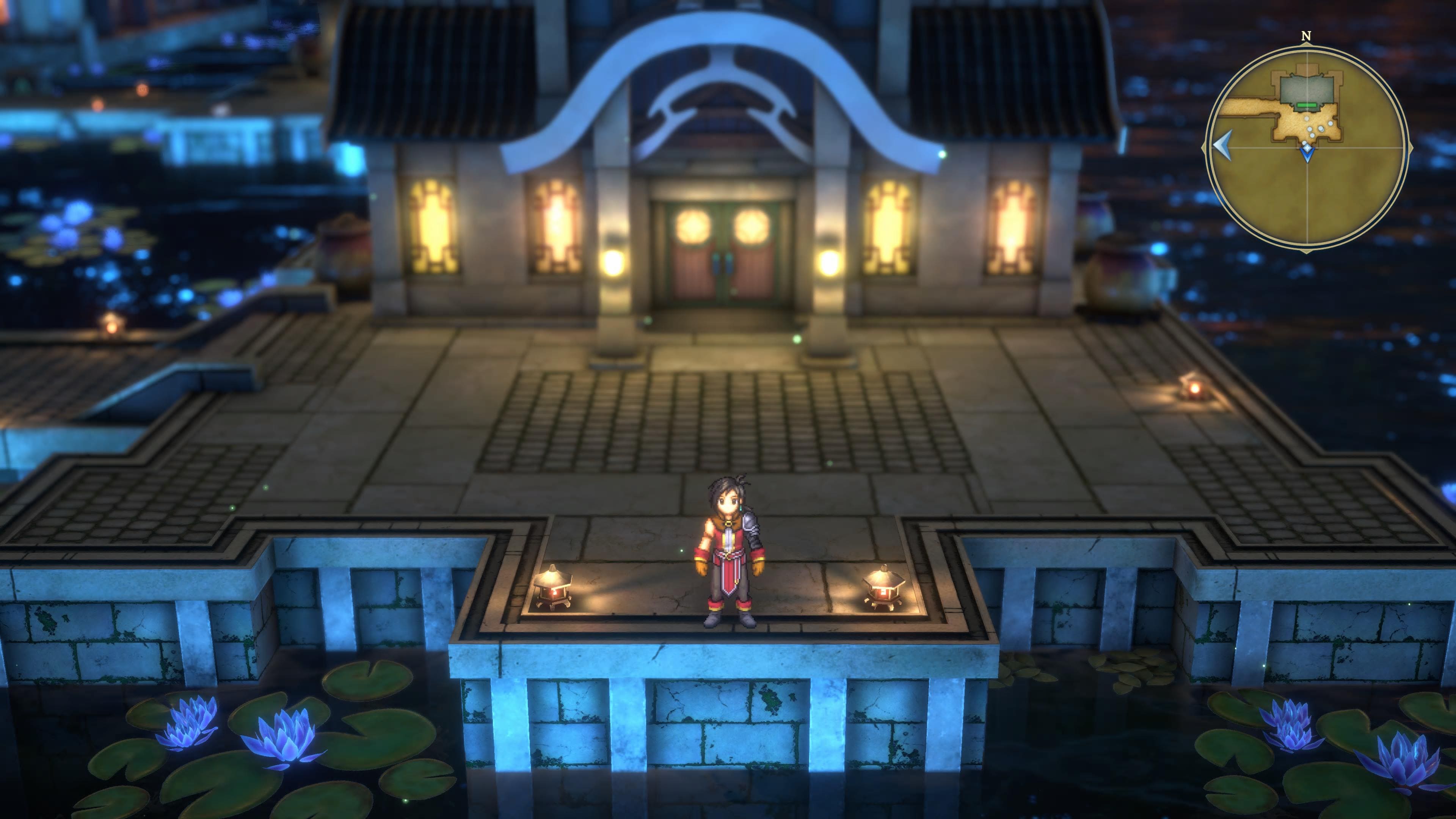 百英雄伝のゲーム画面。家の灯りがきらきらしている夜の街。