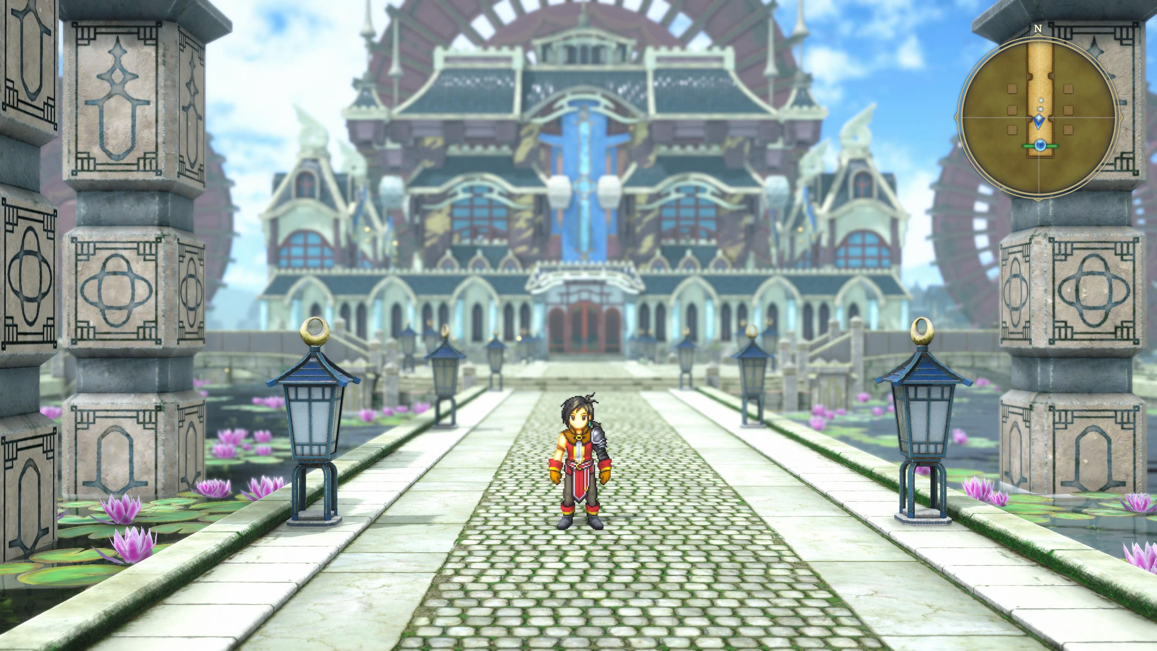 ゲーム『百英雄伝』のゲーム画面のキャプチャ。きれいな3Dグラフィックの背景の中に2Dドット絵のキャラクターが立っている。いわゆる HD-2D な世界観。