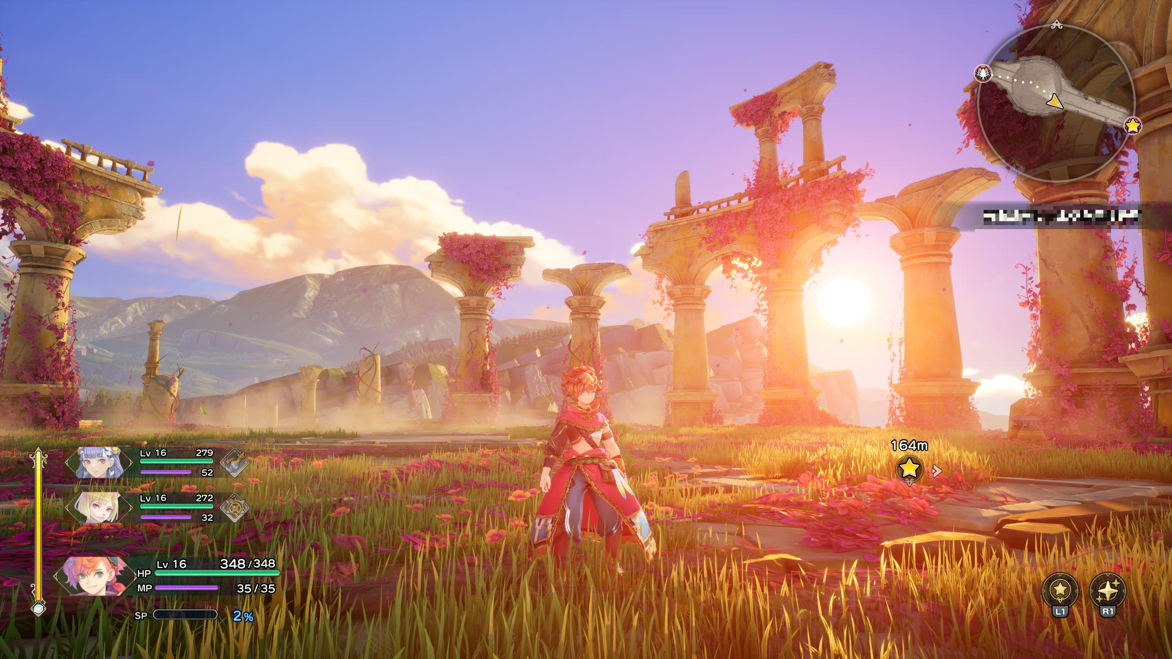 聖剣伝説 VISIONS of MANAのゲーム画面。主人公のヴァルが夕日を背に大草原に立っている。